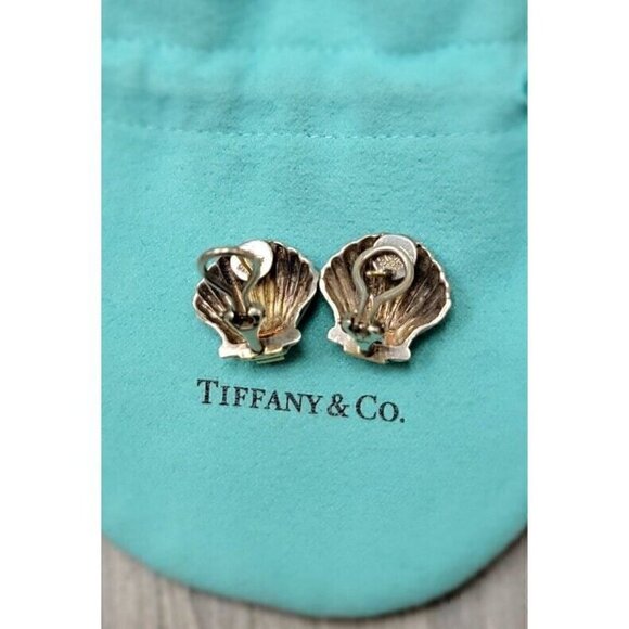 Tiffany & Co Vintage Sterling Silver 14kt Gold Sapphire Shell Earrings - Picture 6 of 6